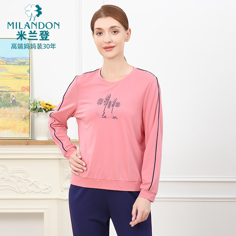 MILANDON/米兰登2025新款圆领女长袖T恤秋季休闲绣花上衣1Q3T1101