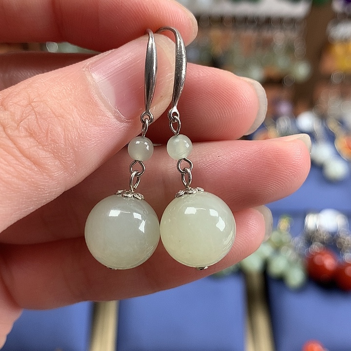 和田玉银S925镶嵌耳环12左右冰晴水