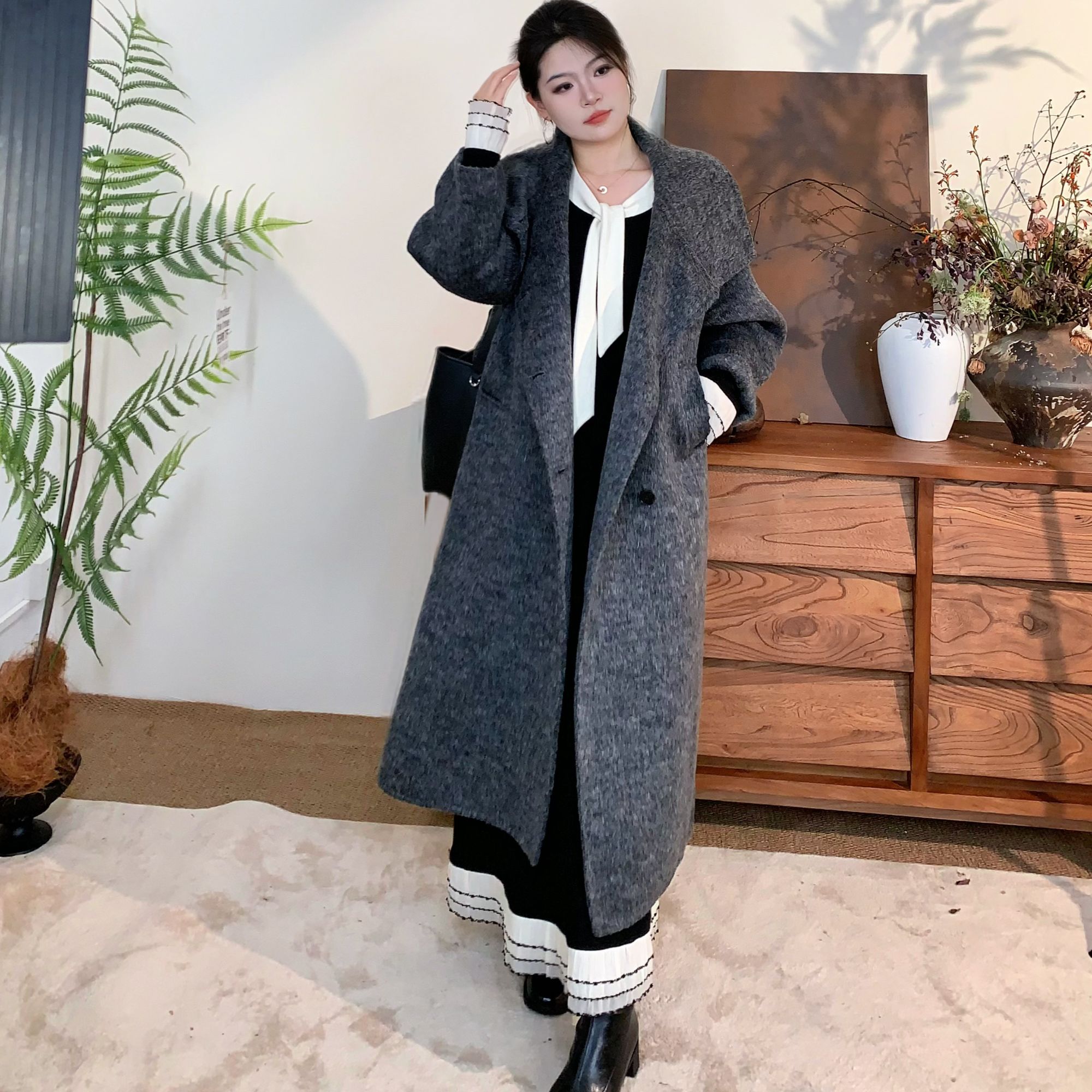 ARSENE【旧城烟雨】冬季韩版时尚厚款百搭修身系带毛呢外套-S1474