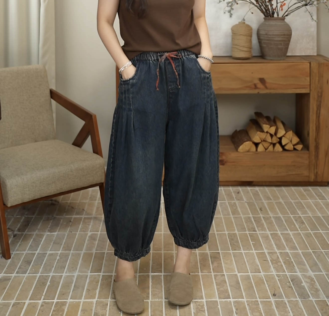 九月JIUYUE 潮流百搭牛仔裤女秋季格子抽绳宽松九分灯笼裤 8063