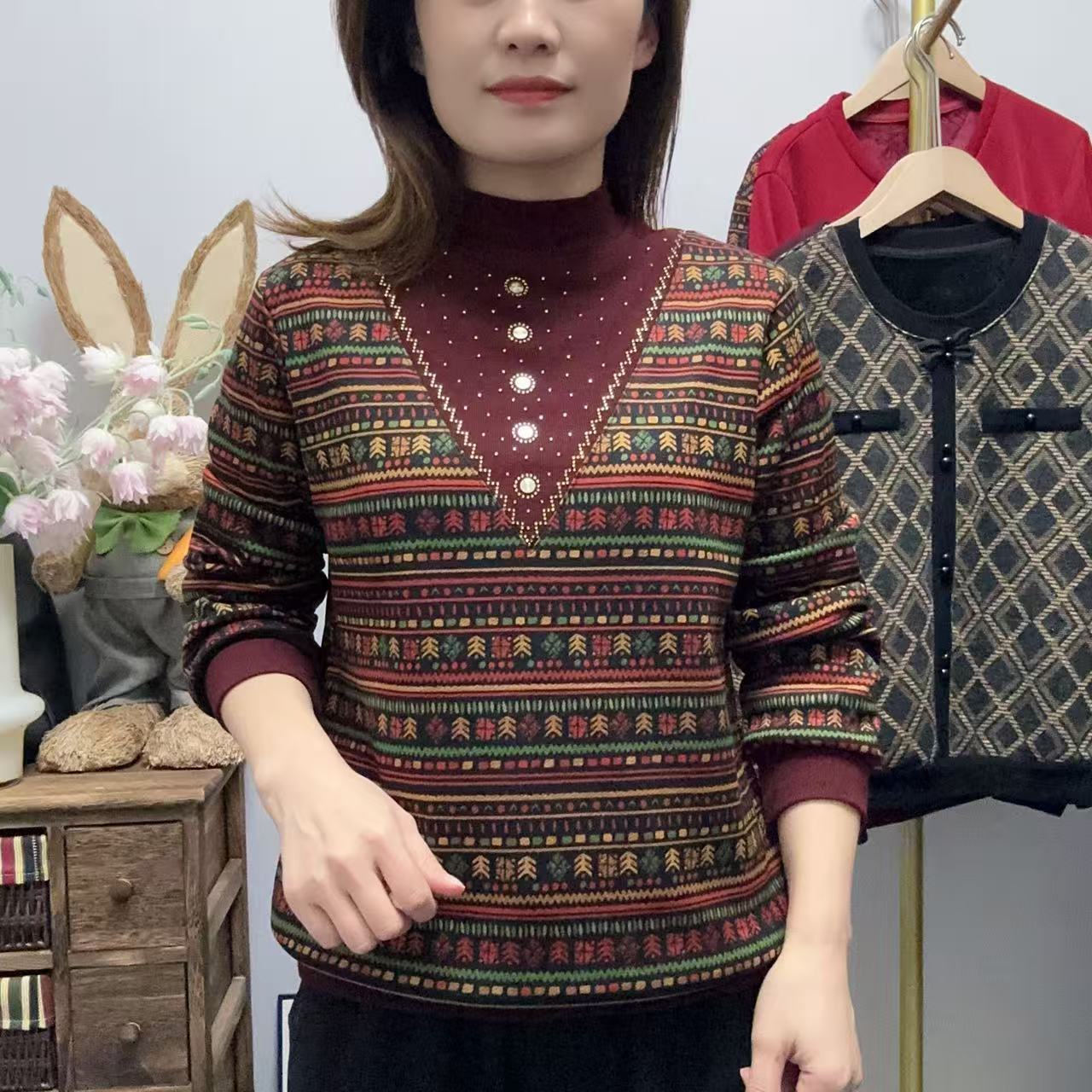 【丽姐家】秋冬加绒加厚妈妈装半高领打底衫印花秋冬宽松中老年上衣