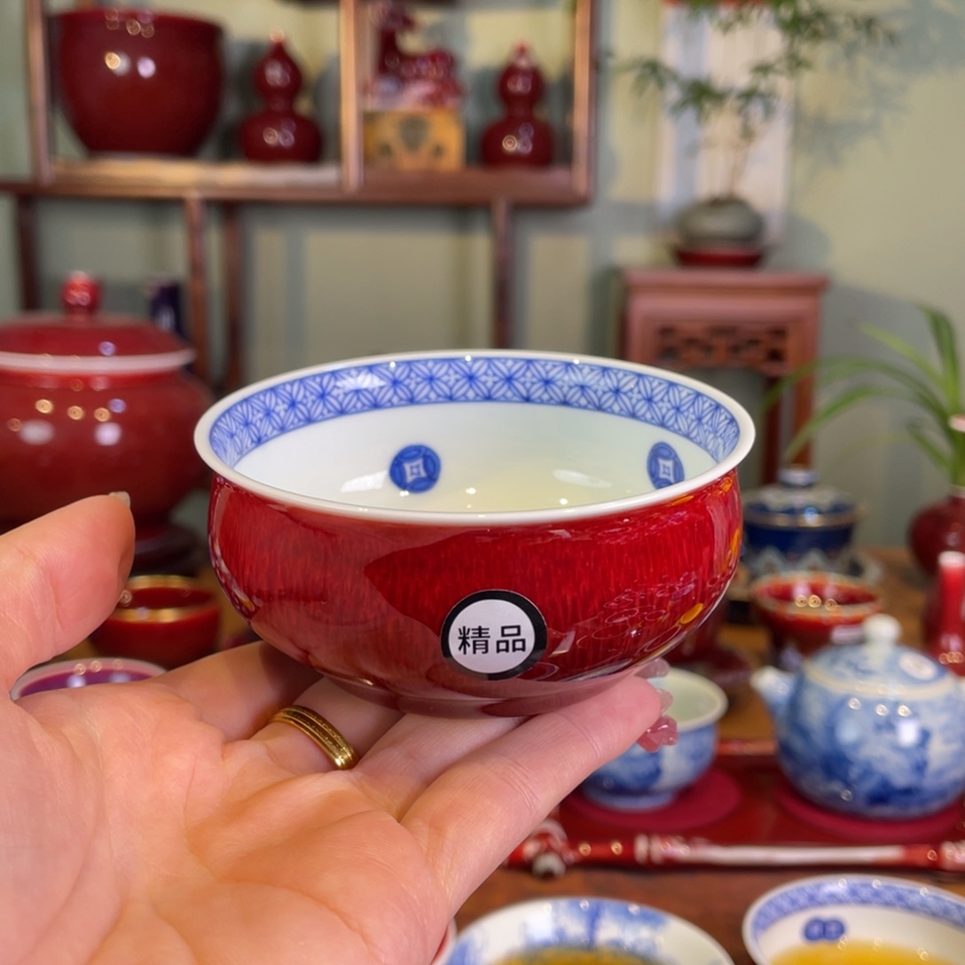 清欢雅玩原矿郎红精品内绘铜钱纹炉士杯