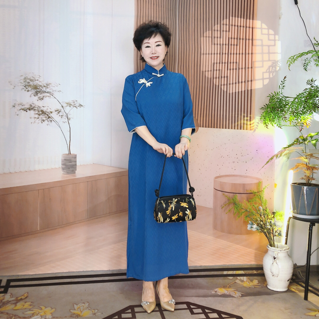 【蓝莹】夏秋款美兰大码旗袍丁达尔中国风旗袍气质高档长款日常