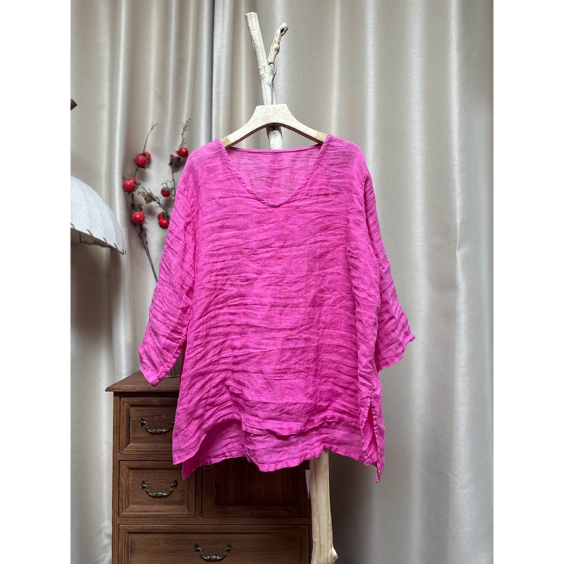 833亚麻亮色鸡心领透气软糯小衫（衣长65-68胸围130）