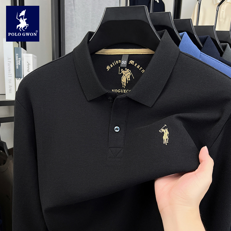 POLOGWON/保罗100%纯棉男士长袖polo衫春秋季商务休闲上衣翻领t恤
