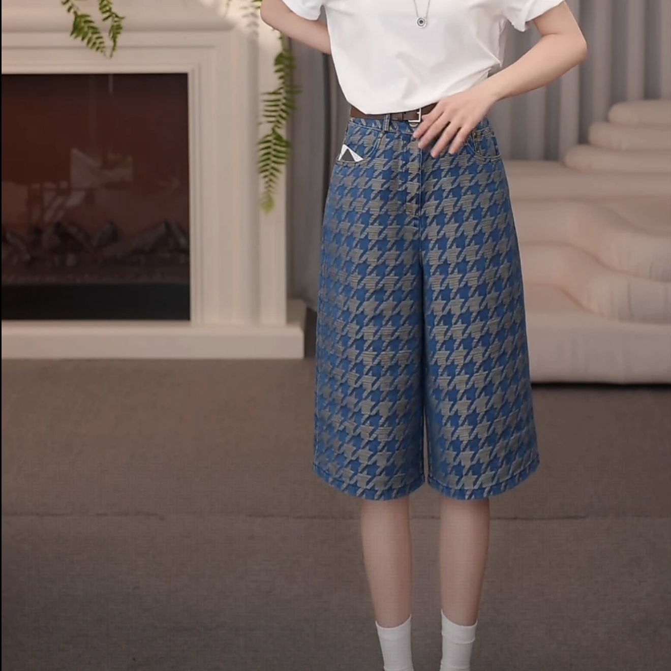 阿玛施AMASS 时尚女装简约百搭复古时髦千鸟格阔腿牛仔中裤510049