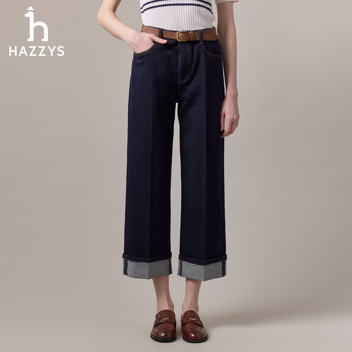 【商场同款】HAZZYS哈吉斯女士秋冬季长裤气质牛仔裤阔腿裤复古休闲