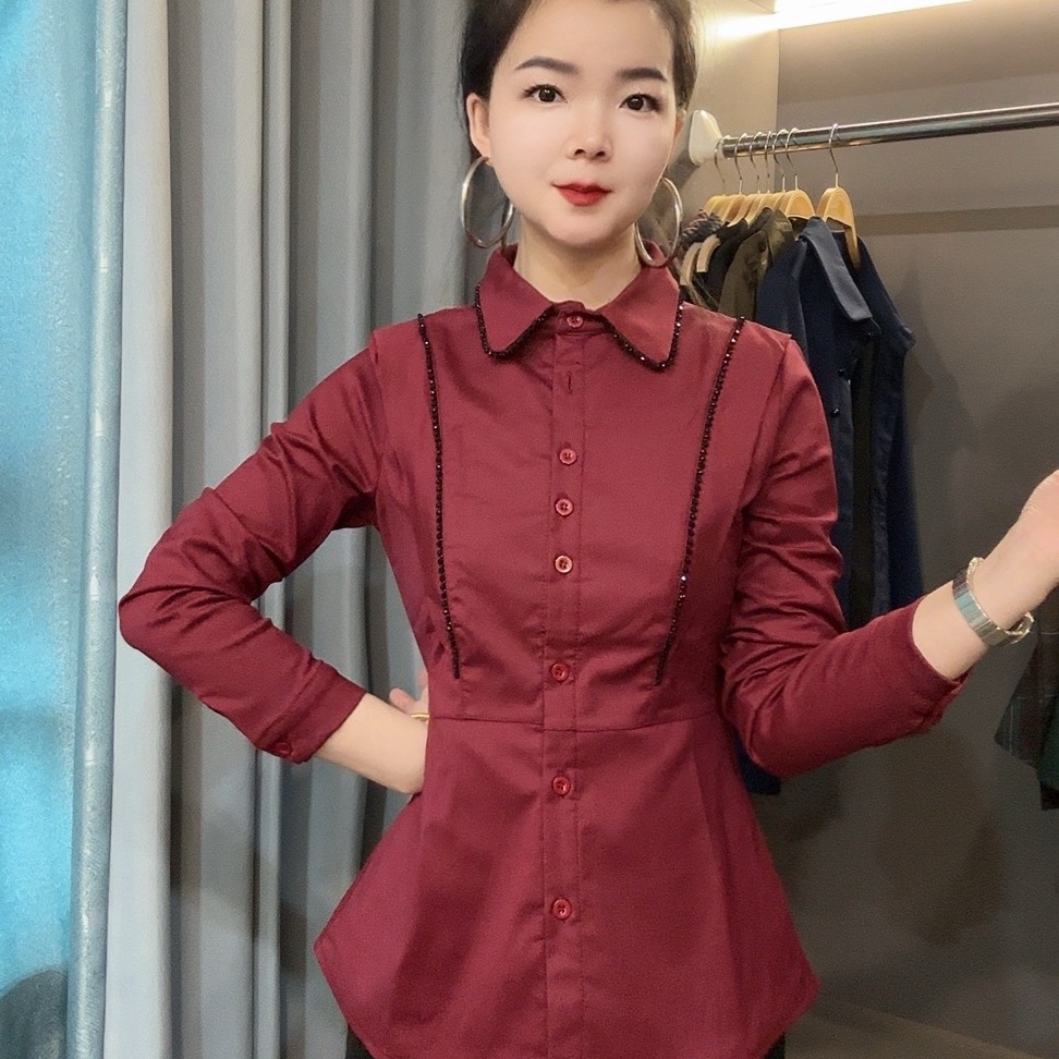 X6077新款加绒保暖修身显瘦手工串珠洋气长袖衬衫