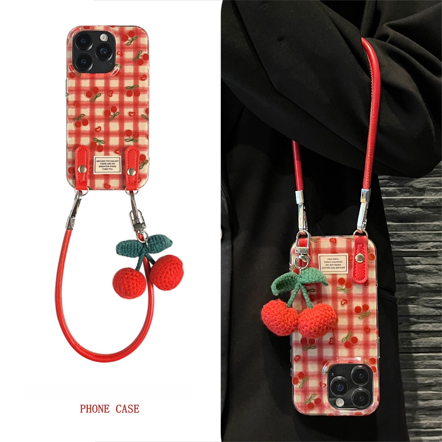 满屏红色格纹樱桃针织挂件适用苹果16promax手机壳iPhone15斜挎14
