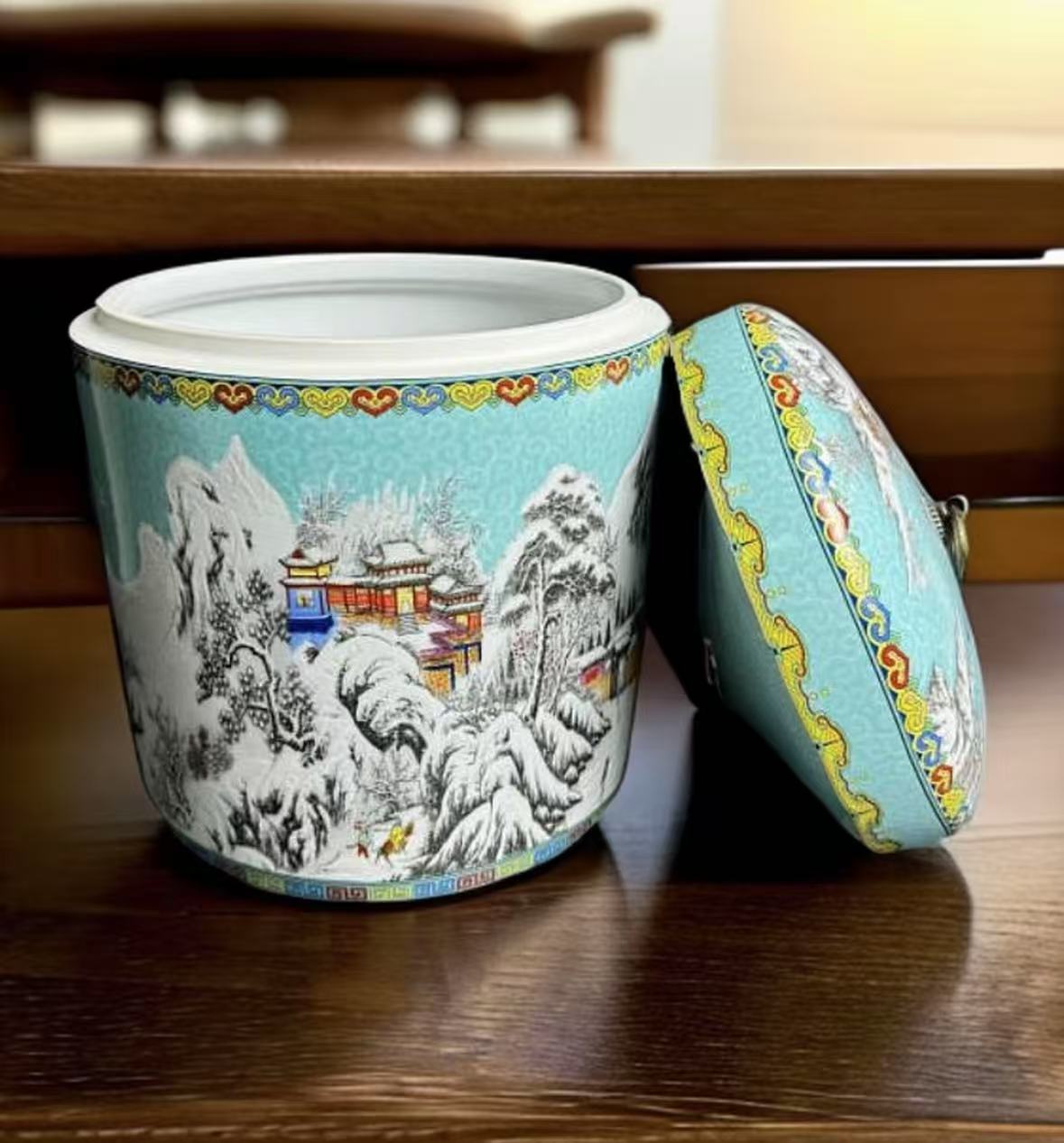 【厂长瓷业】景德镇陶瓷湖蓝爬花雪景储物罐10斤装+底座