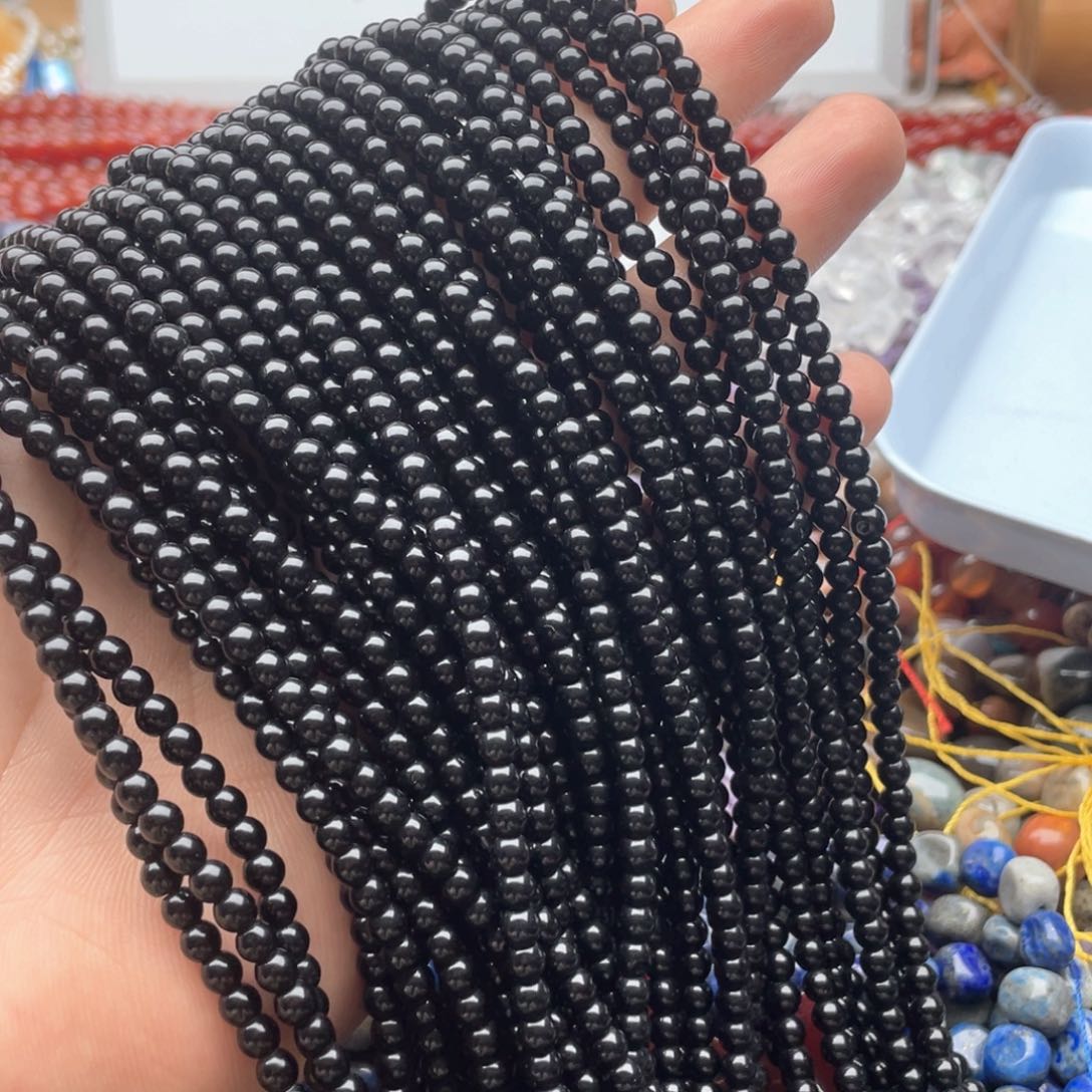 玛瑙/玉髓合金珠宝半成品两条装卡4mm黑碧玺圆珠