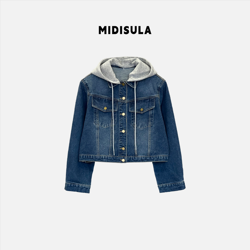 【H.MDSL】早春经典百搭短款宽松可拆卸连帽拼接休闲牛仔外套#0004