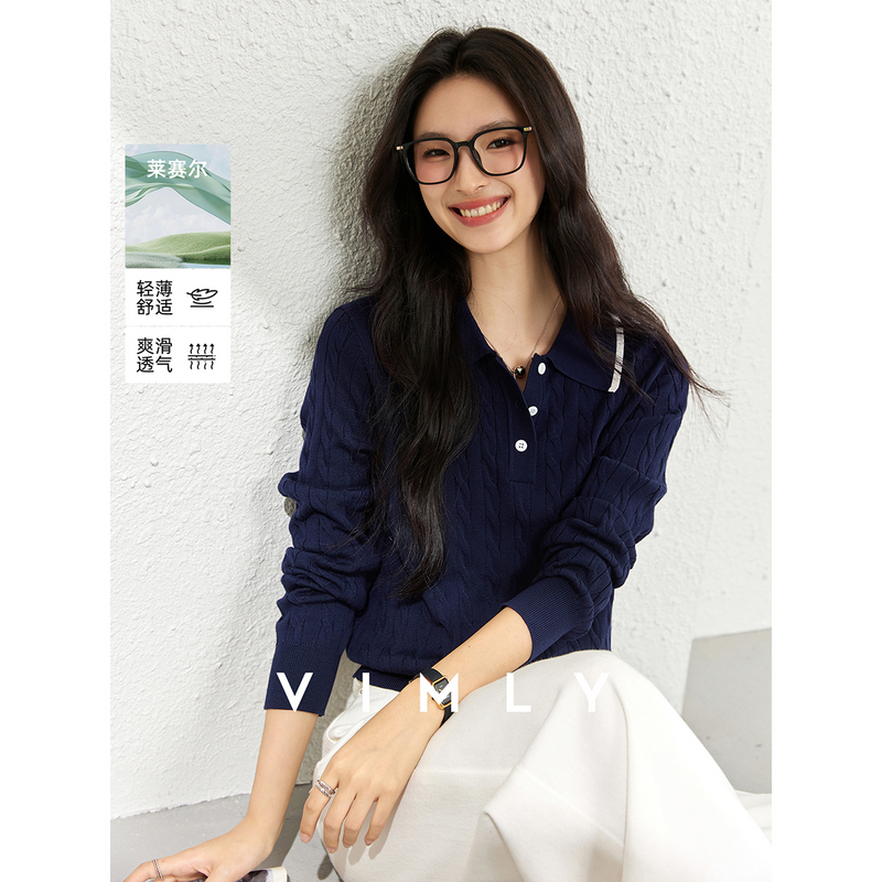 M梵希蔓藏青色翻领麻花针织衫女秋季撞色毛衣绣花设计上衣75058