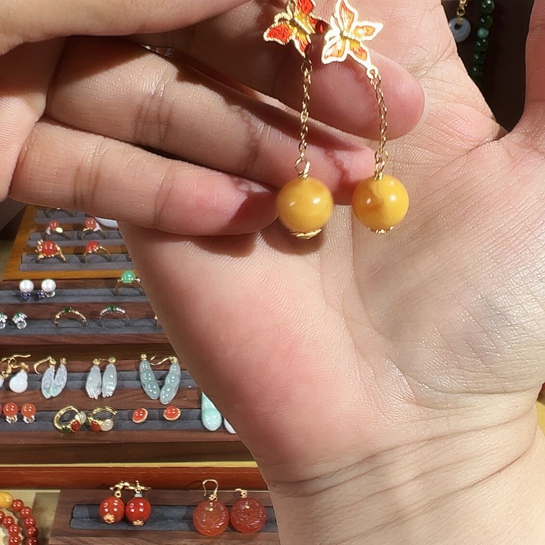 琥珀耳饰银S925镶嵌天然