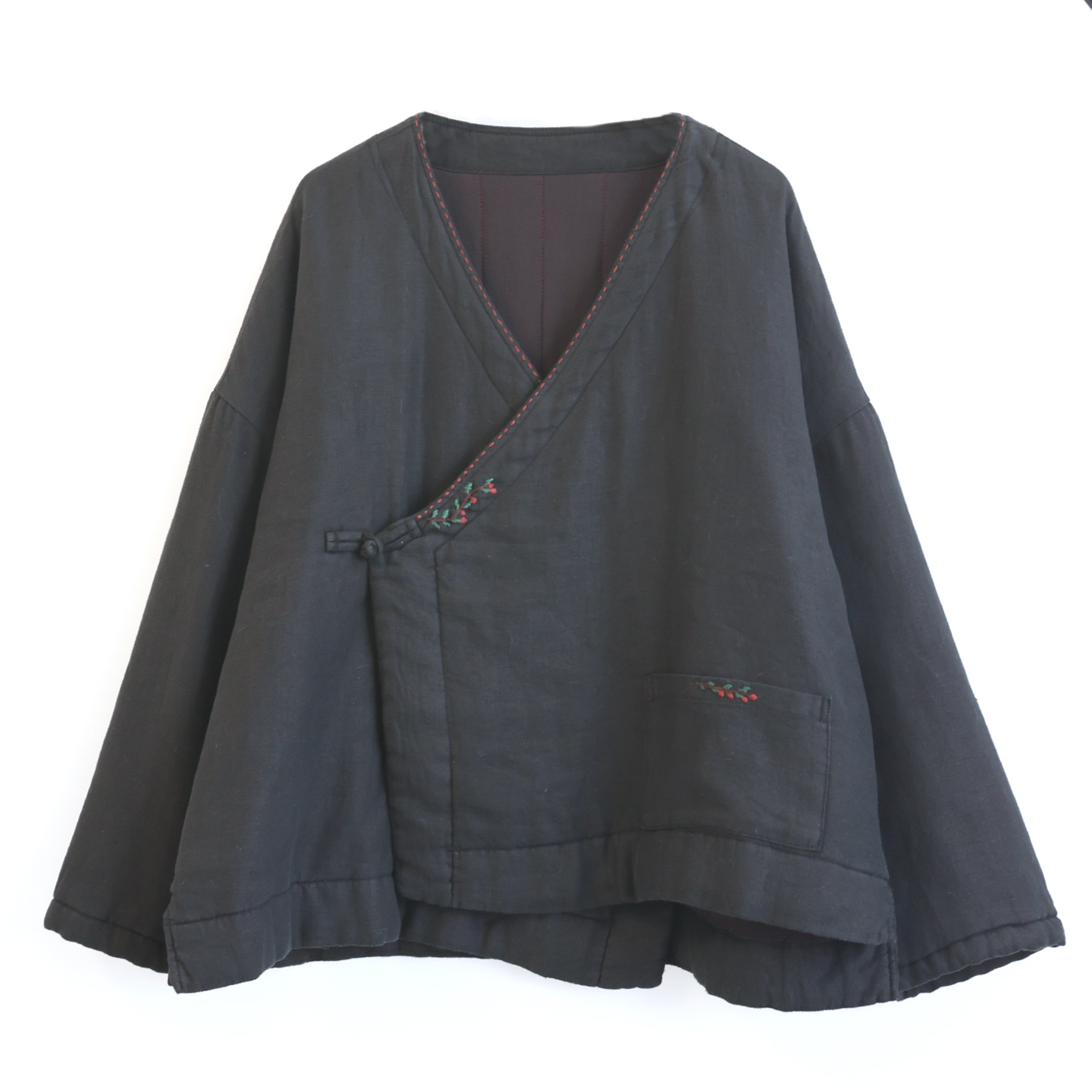 棉叙秋冬水洗亚麻斜襟棉服女士国风复古V领上衣外套15398