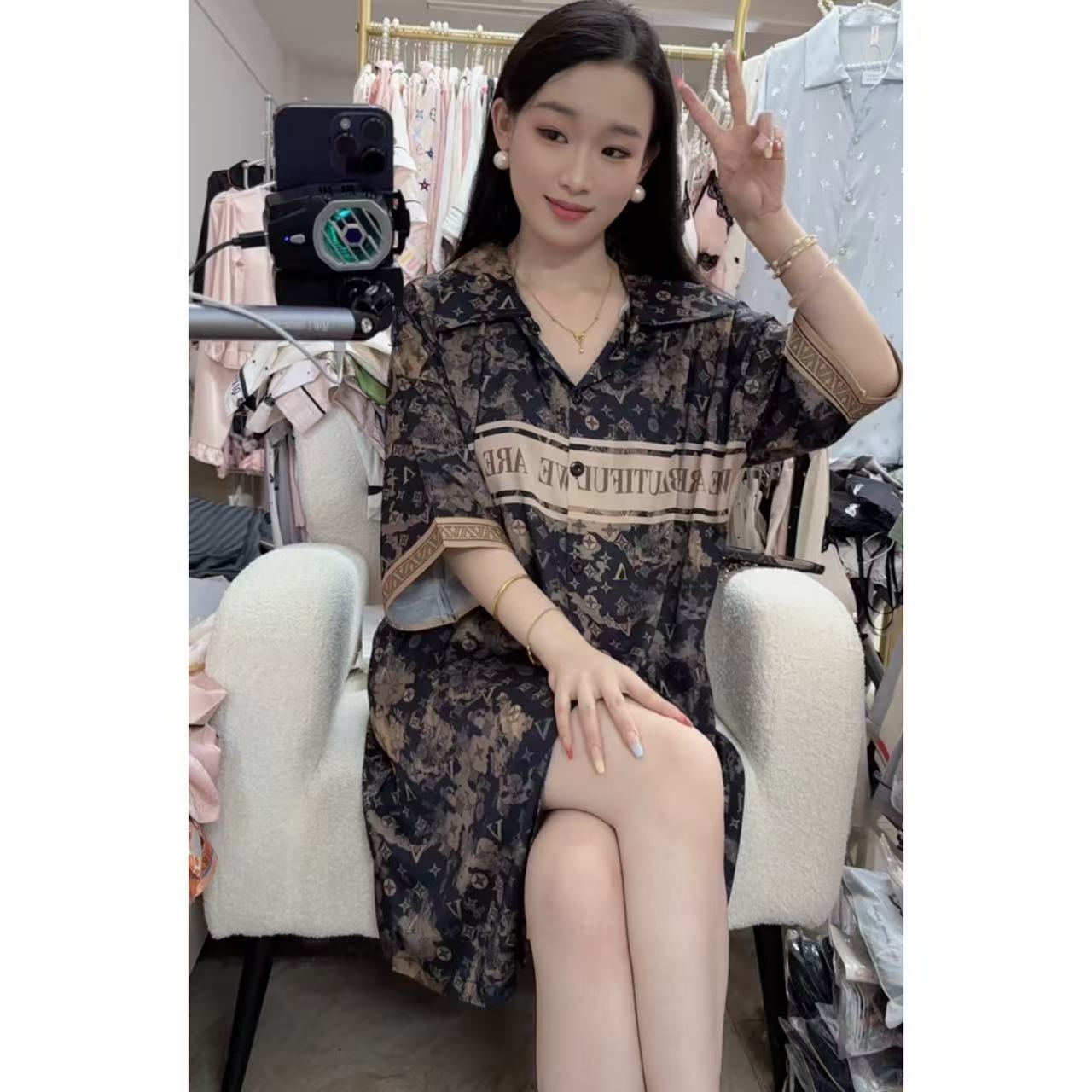 琦欣家黑金老花夏季成人优雅风性感睡裙宽松家居服复古时尚