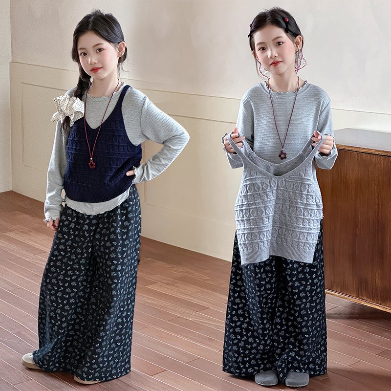  女童春秋新款2025马甲打底衫套装韩版洋气童装儿童秋装三件套潮