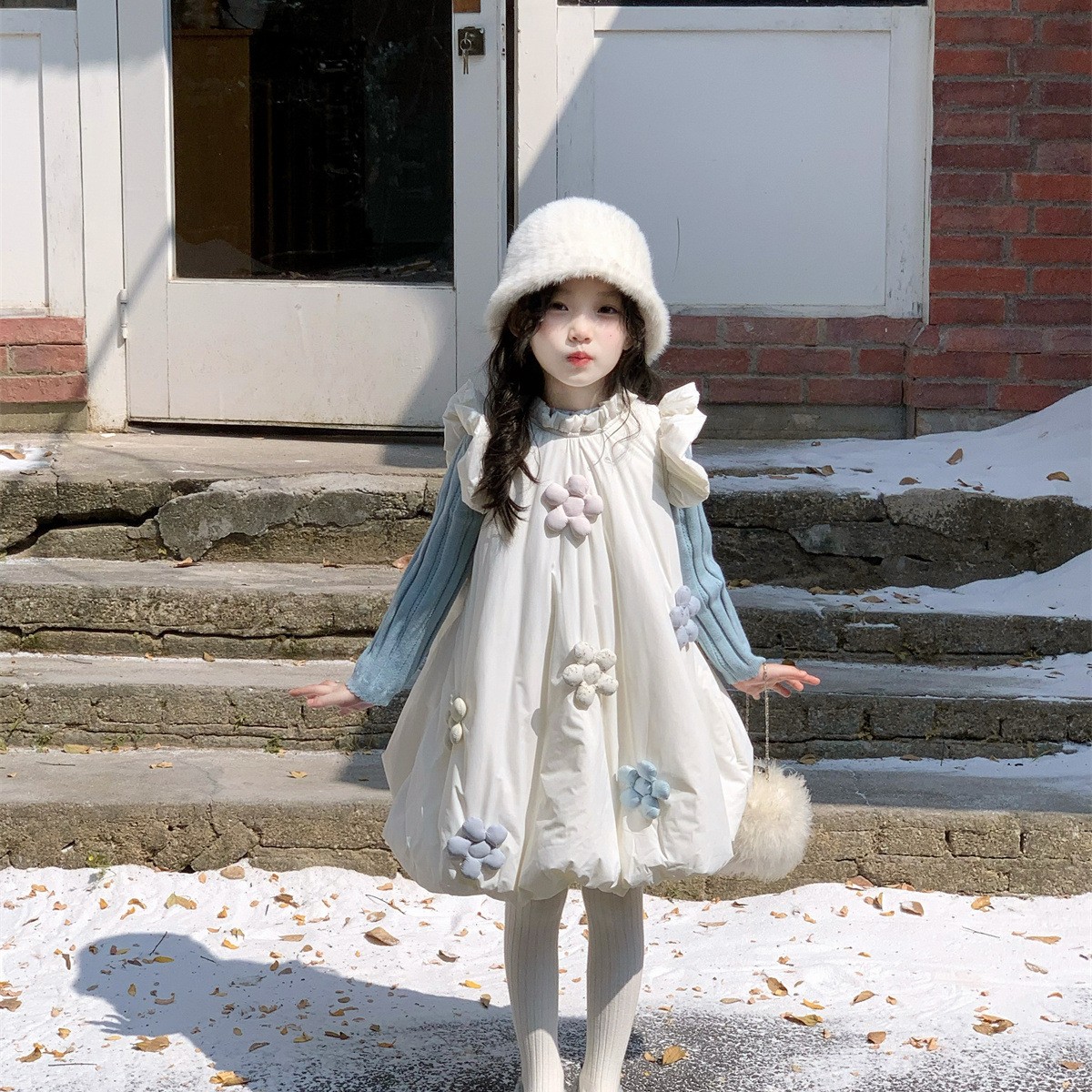 冬季新款女童洋气花边打底衫花朵夹棉背心裙毛线针织童装女童童装