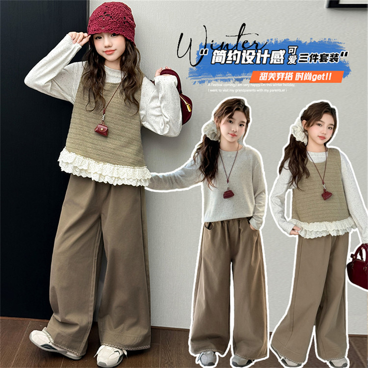 中大童秋季套装2025新款女童花边马甲套装休闲时尚韩版三件套潮流