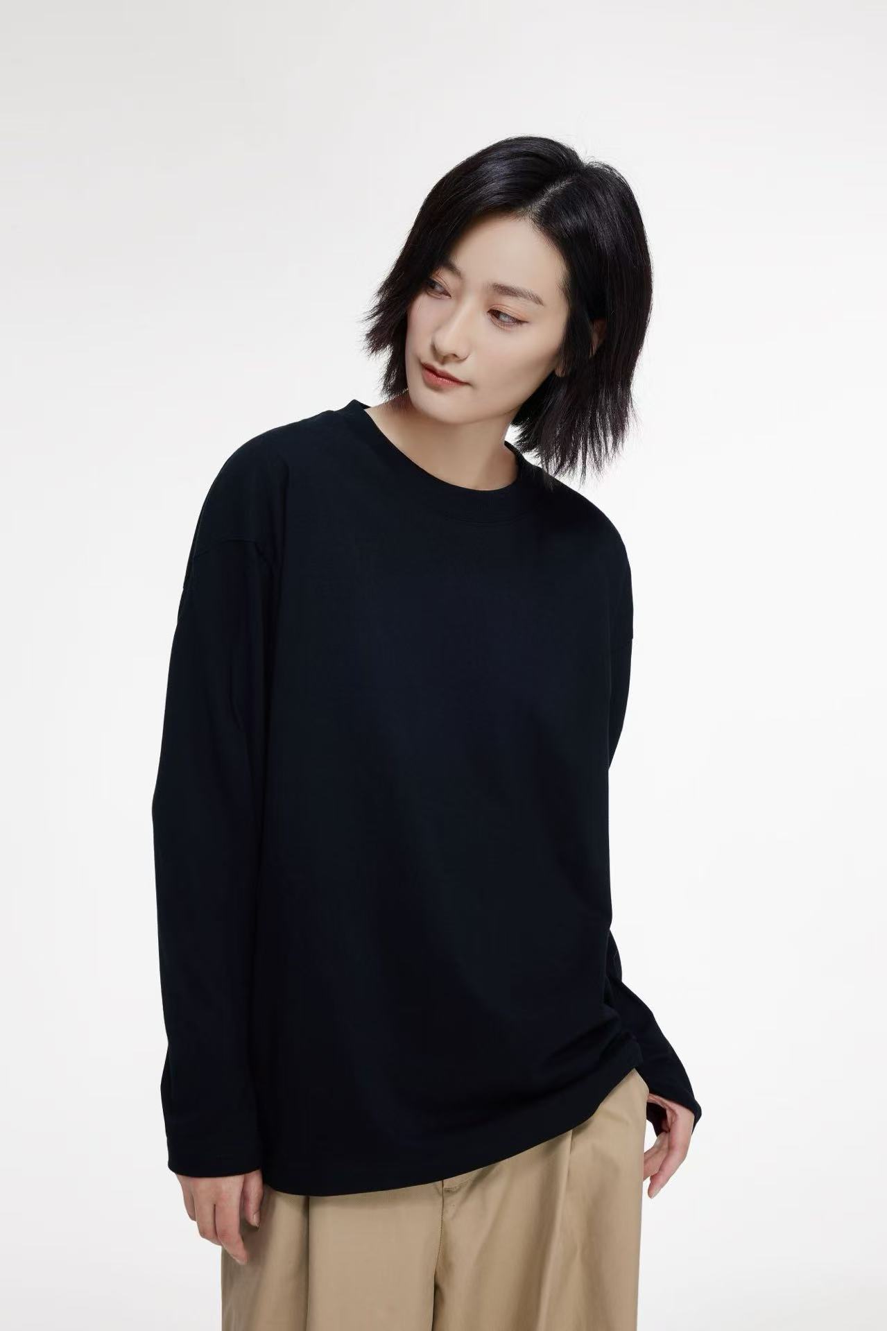 8859号#04C#秋圆领纯色百搭极简休闲长袖T男女同款（预）