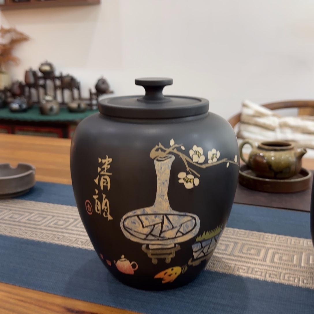 雪***翁建水紫陶彩填茶叶罐