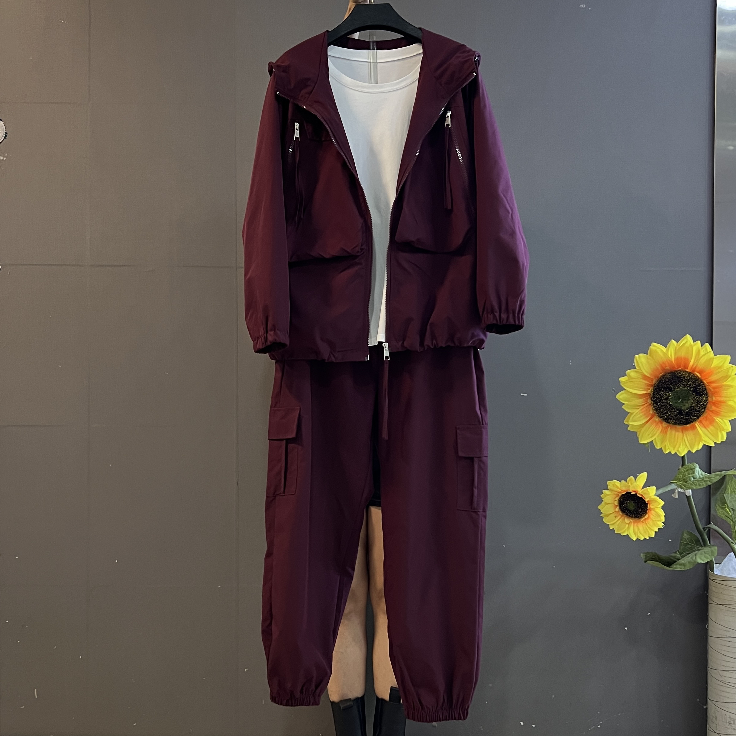 早秋新款大码女装时尚休闲纯色宽松连帽外套➕工装裤套装