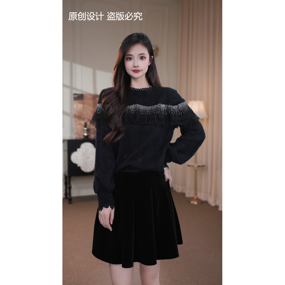 旷宁宁·星河闪耀·秋冬装蕾丝拼接设计感斗篷小衫上衣女装-