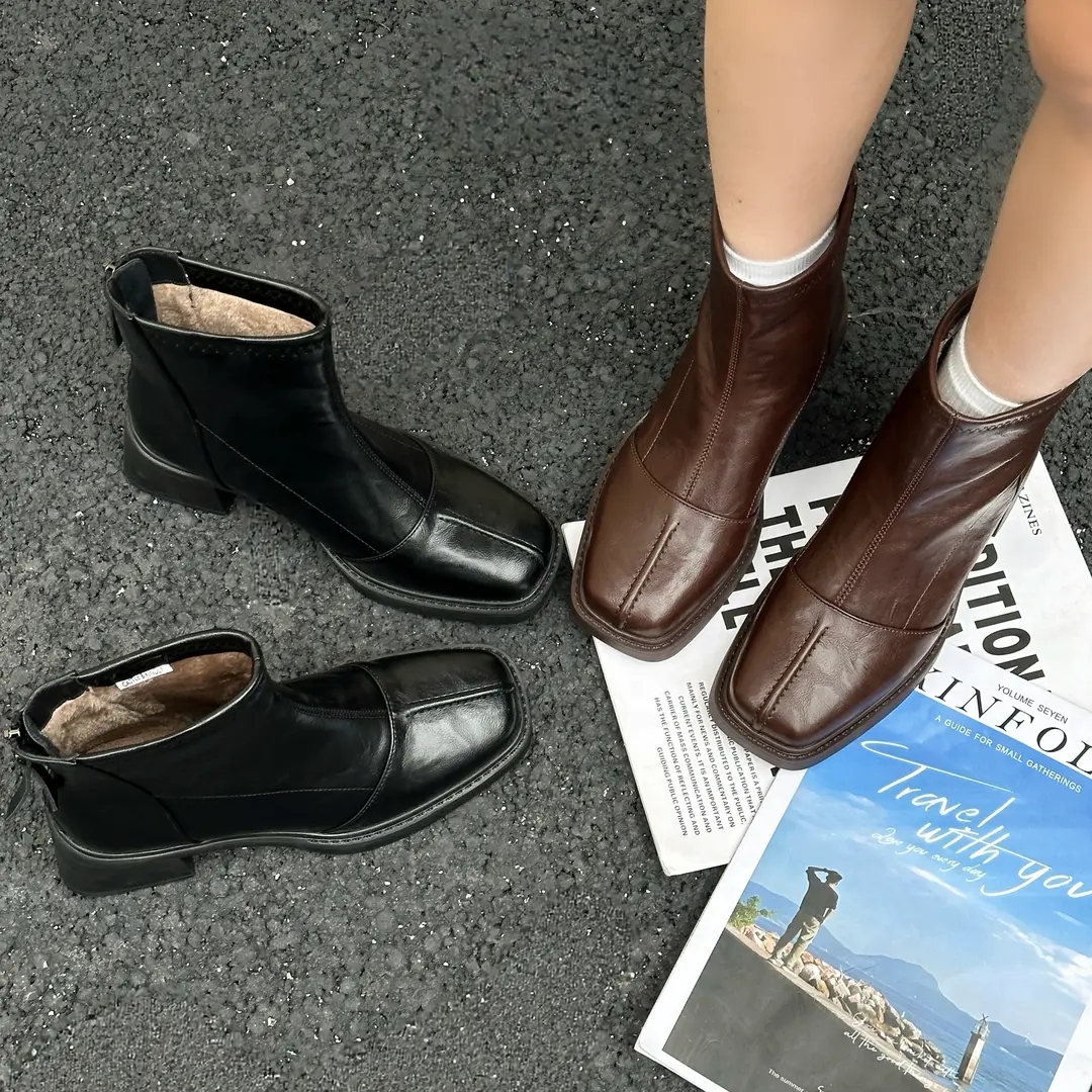 2025冬季新品法式方头粗跟时装靴加绒保暖气质女短靴A66108