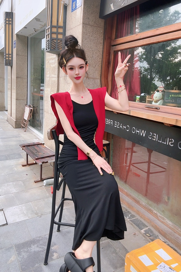 漂亮家（显瘦两件套）披肩吊带连衣裙修身显瘦气质长裙