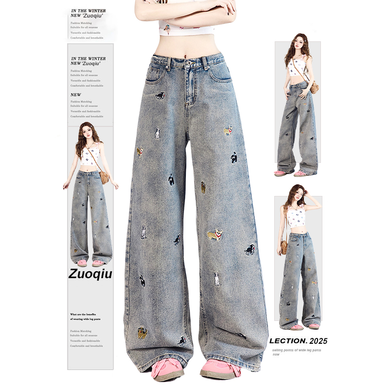 300斤大码女装美式复古卡通刺绣牛仔裤女胖mm春季宽松阔腿直筒裤