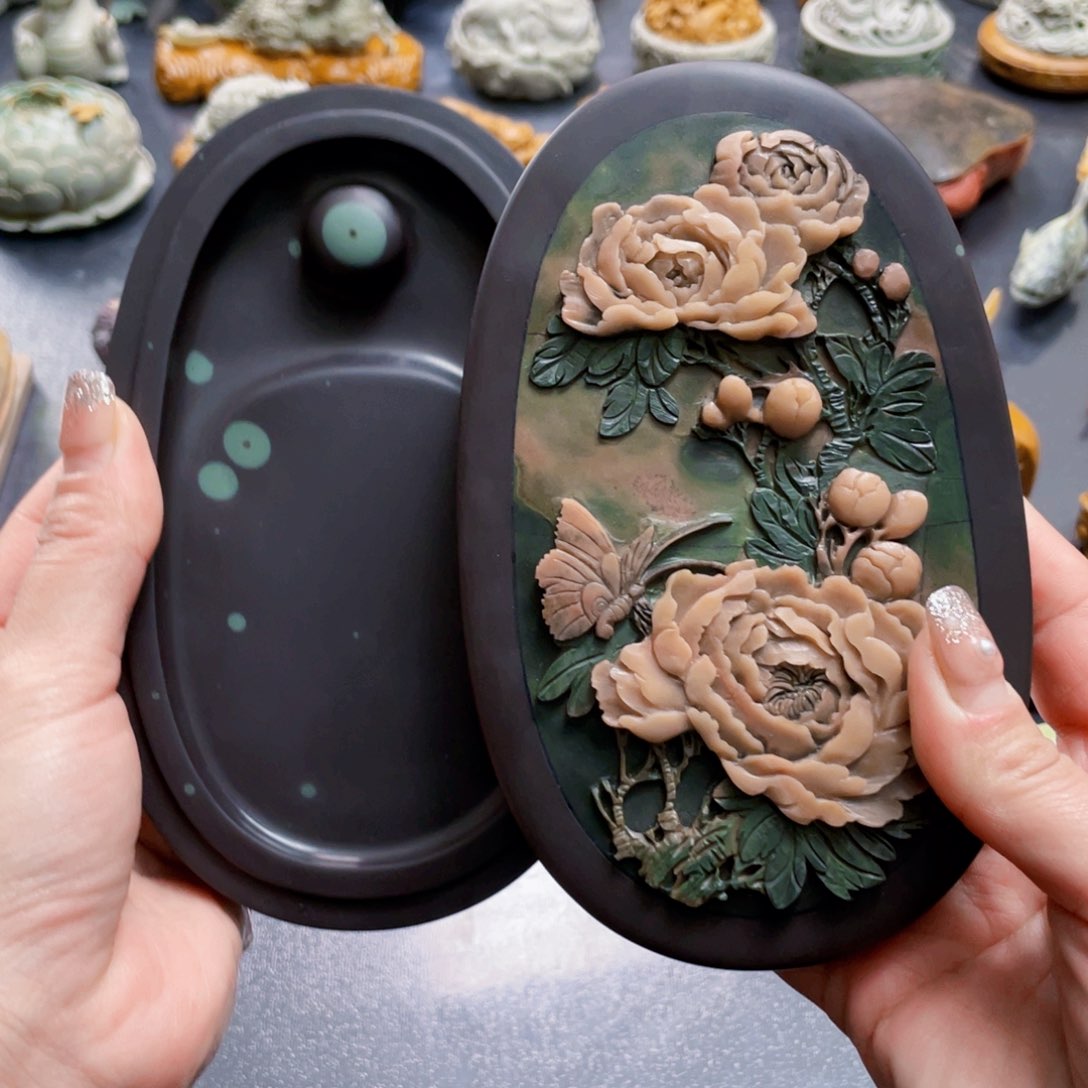 牡丹带盖置超美手工雕刻