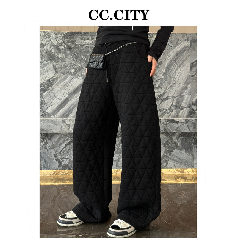 【蔡丽丽】时尚简约百搭显瘦阔腿间棉格子松紧休闲萝卜裤6x1333