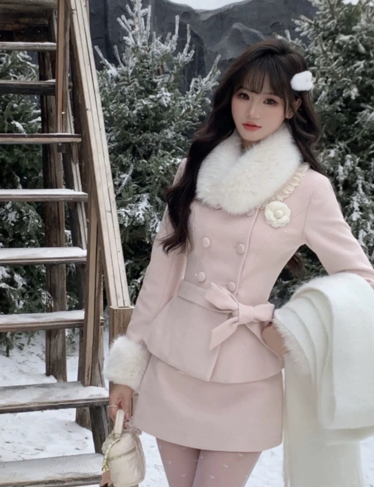 矜贵千金 法式高级感套装春秋毛绒拼接毛呢外套半身裙女