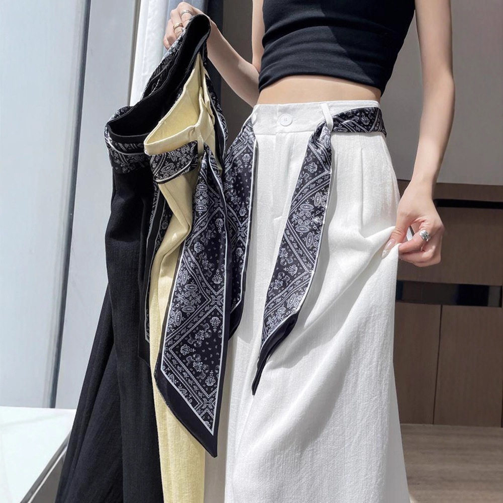 【运费险+丝巾】T2棉麻冰丝裤子女薄款2025直筒宽松西装阔腿裤