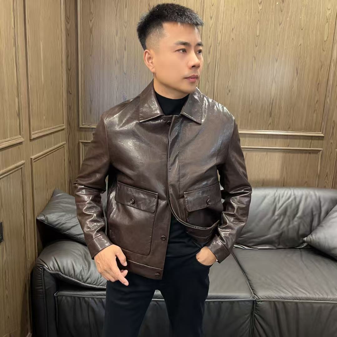 25秋冬11316男士商务休闲短款机车时尚翻领真皮皮衣外套