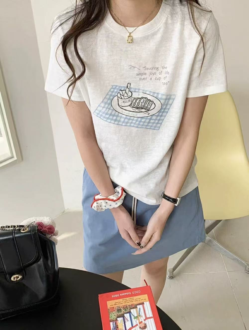 【闲适假日】简约减龄野餐印花短袖T恤女夏圆领宽松上衣