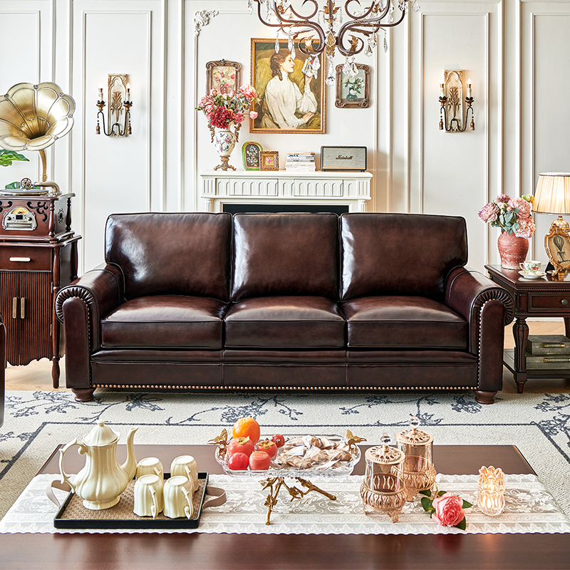 美式真皮沙发头层牛皮全真皮油蜡皮实木大巴顿客厅沙发帝罗堡家具