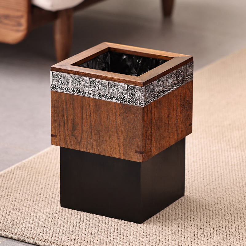 异丽中古风垃圾桶实木家用客厅高档厨房卧室大容量高颜值中式纸篓