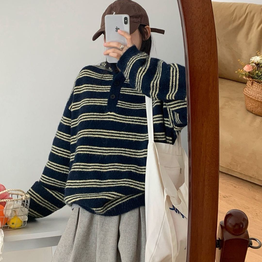 东大门复古韩系2025条纹毛衣翻领宽松秋冬上衣新款百搭长袖针织衫