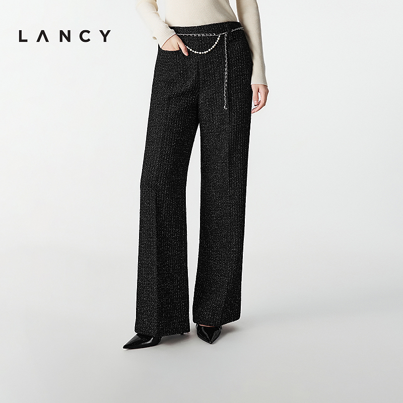 LANCY/朗姿2025冬新款设计感羊毛直筒黑色西装裤女高级感腰链长裤