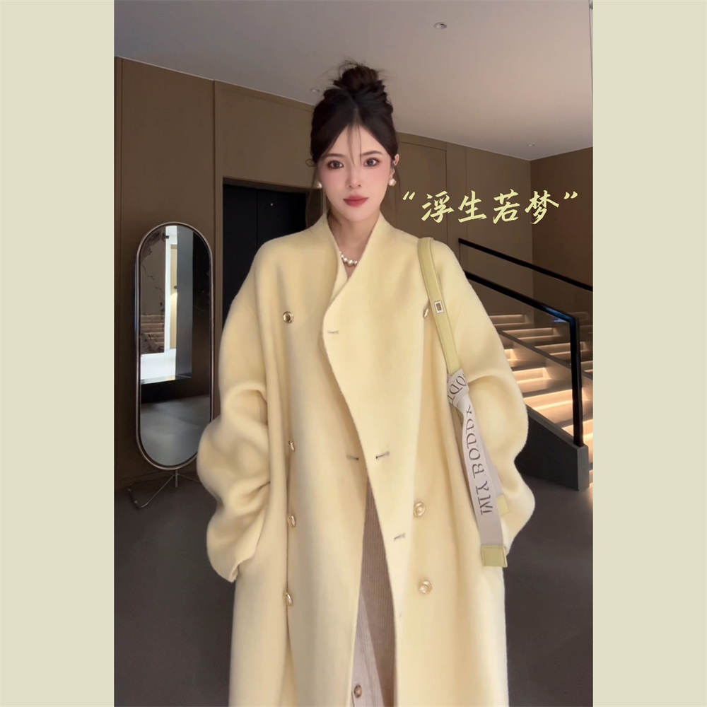 NN CHIC.女秋冬“浮生若梦”气质双排扣金扣长款双面呢羊毛大衣8115