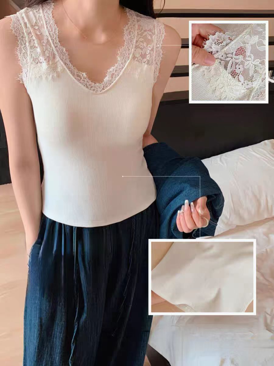☆H6276 蕾丝 V 领背心女带胸垫外穿内搭显瘦百搭打底吊带上衣