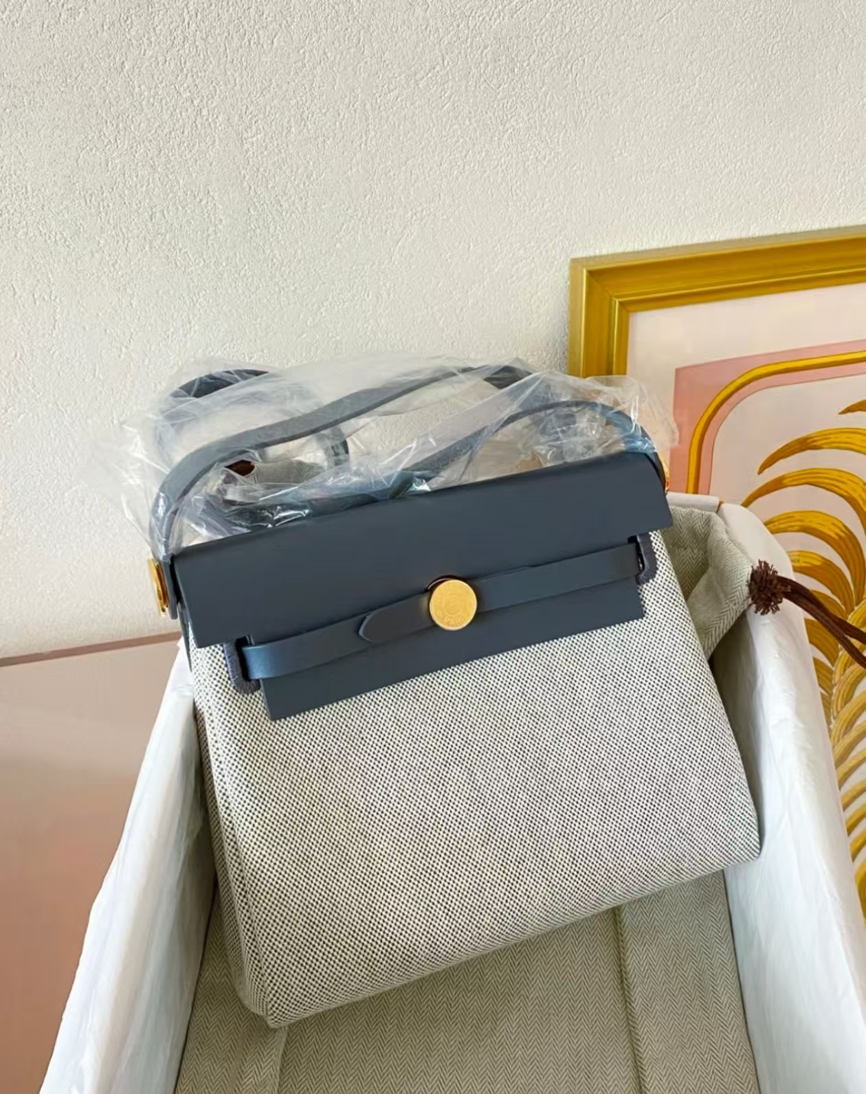 未使用 Hermes/爱马仕 石板灰金扣 帆布拼皮 mini herbag K刻