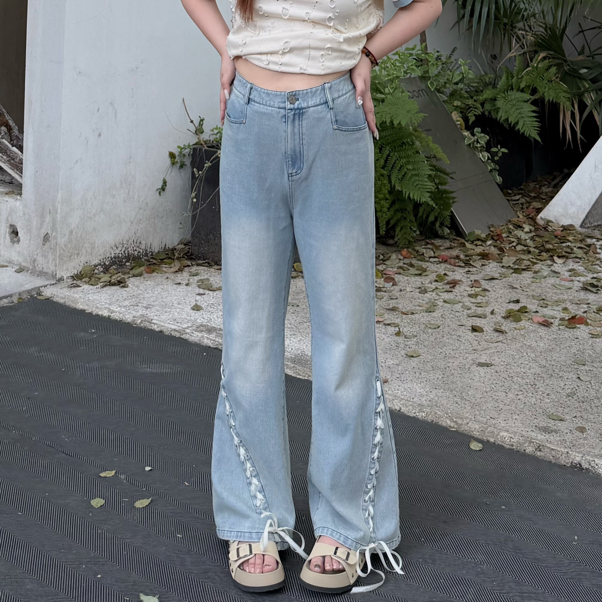 维维&南岛风特大码女装2025春新款胖mm精梳棉软牛仔喇叭裤ZWW625