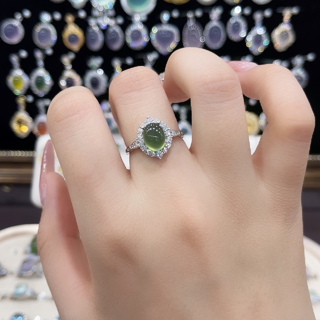 人****蛇纹石玉银S925镶嵌戒指