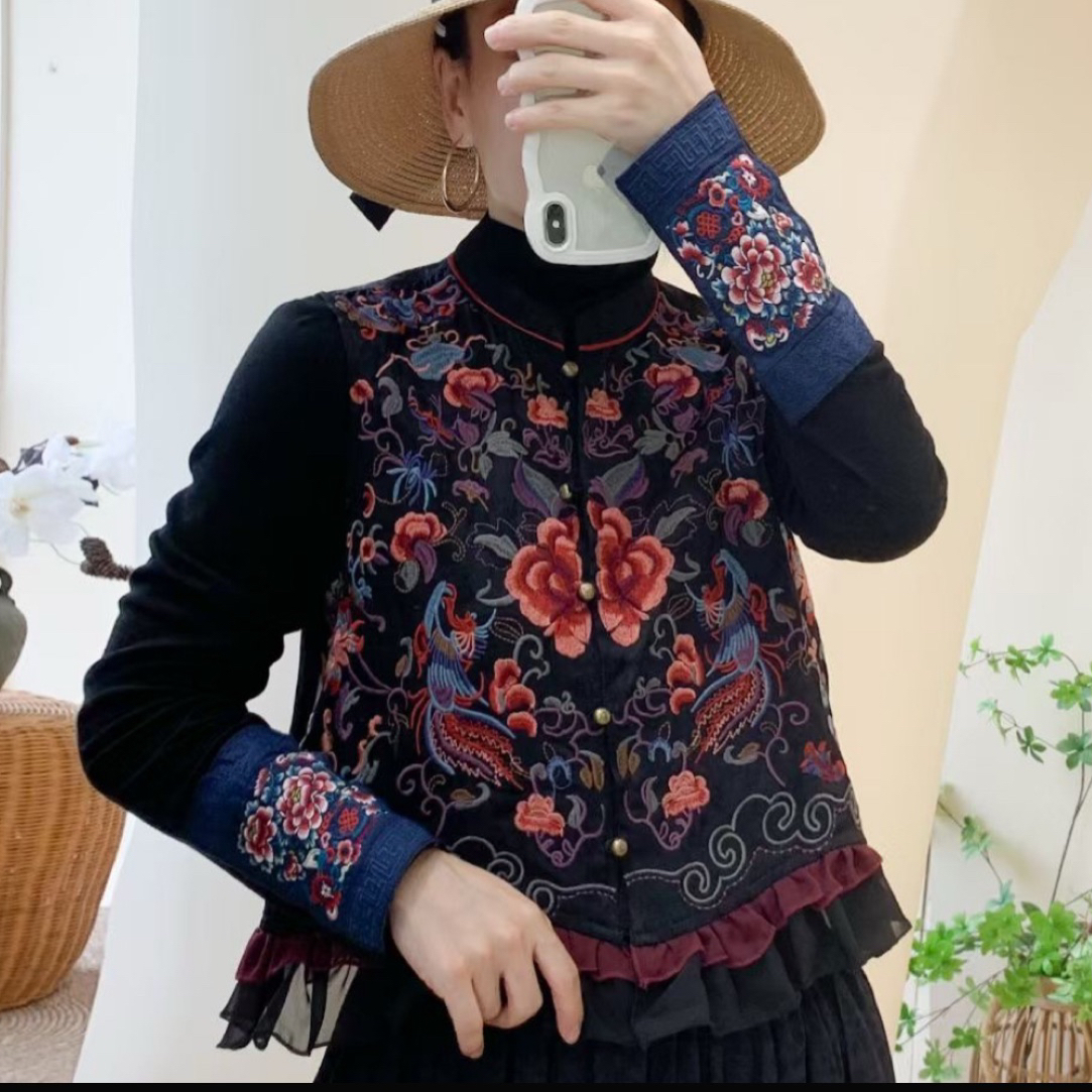 立领女民族风春季木耳边重工刺绣马夹加厚复古中式