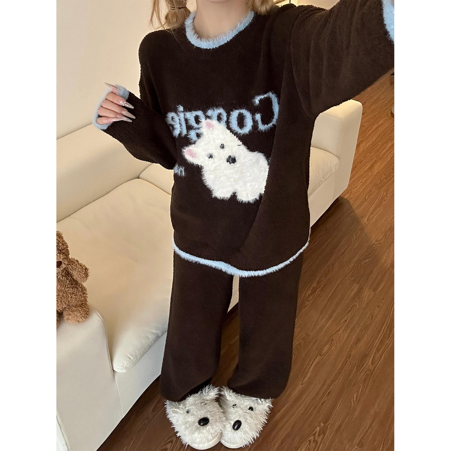 韩系甜美西高地小狗半边绒睡衣女冬季新款针织保暖加厚家居服套装