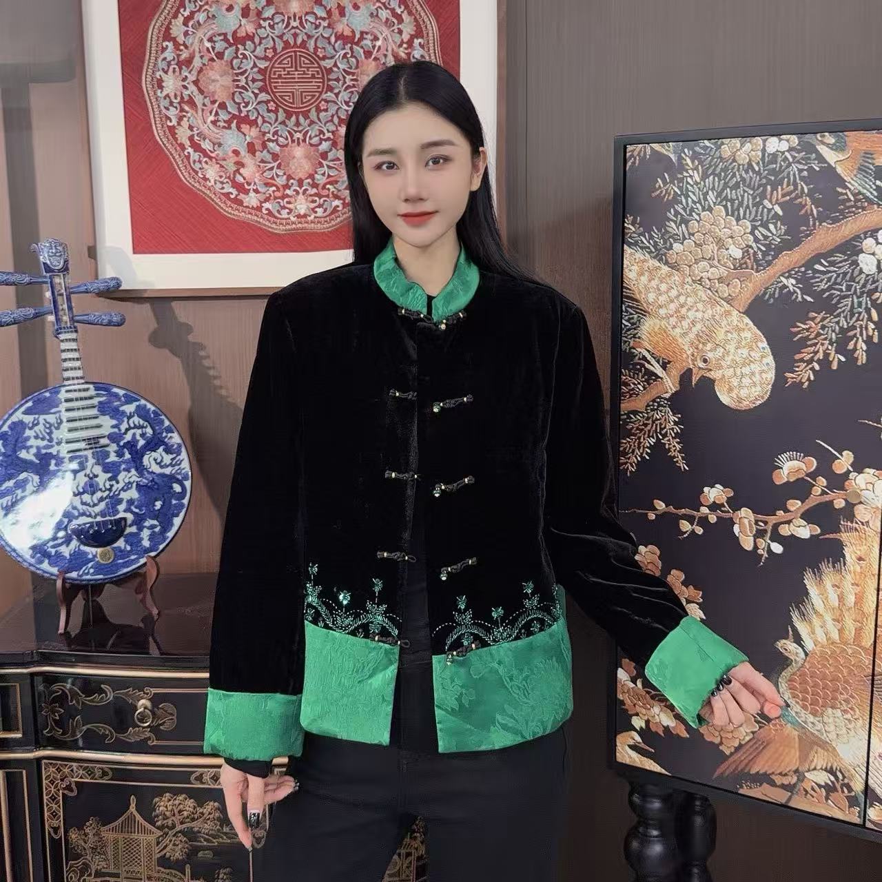 BETTY BAIRN【松间辞】新中式设计感撞色拼接桑蚕苏棉服外套Q7300