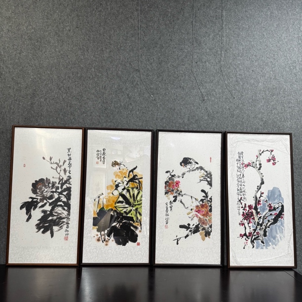 《春夏秋冬花鸟四条屏》挂客厅卧室办公室实木装裱45*90