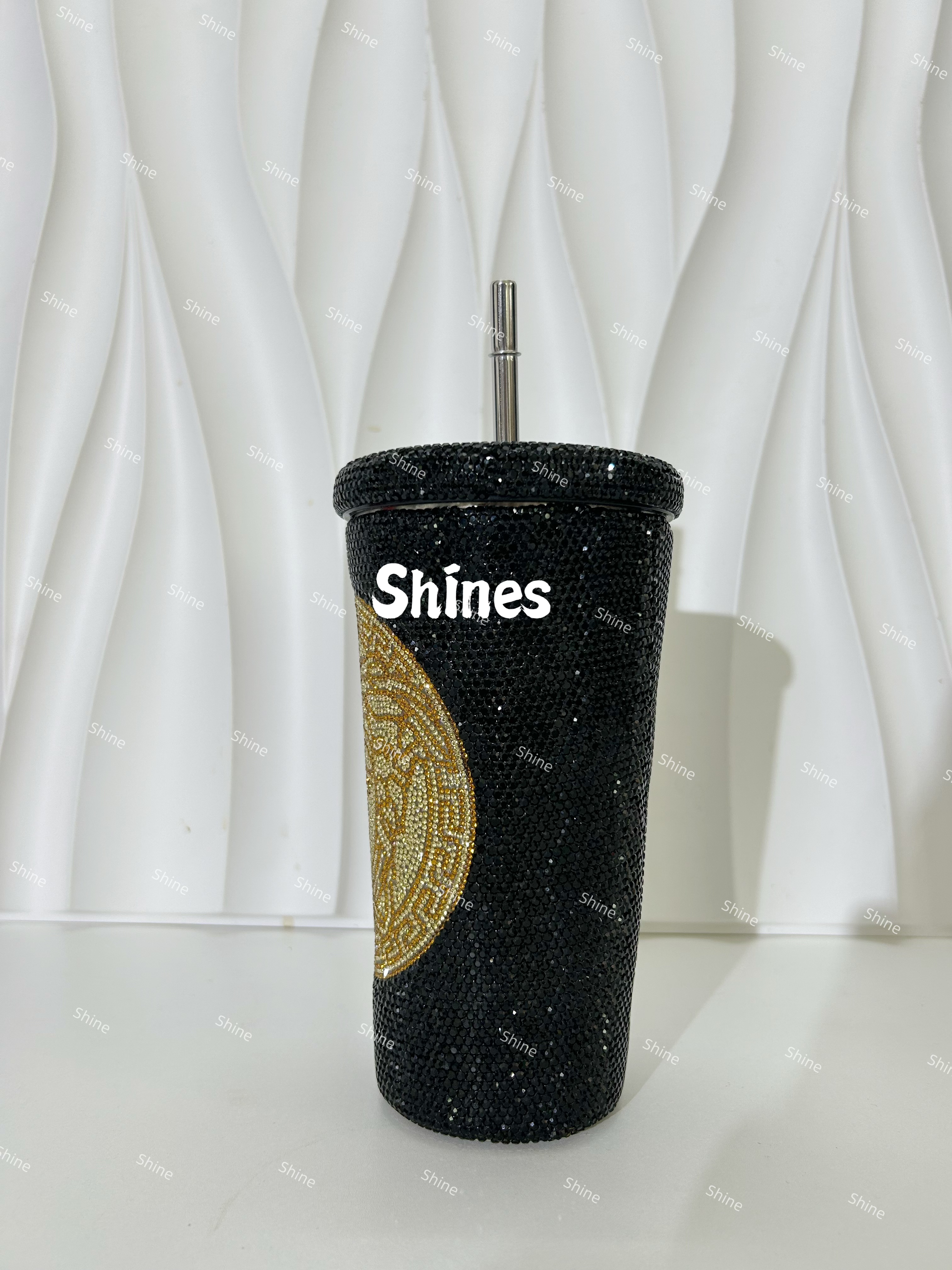 重工轻奢手工镶嵌吸管保温杯500毫升网红礼物水杯办公杯车载